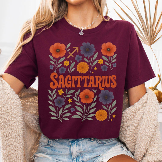 T-Shirt Maroon / S Sagittarius Bella T-Shirt – Retro Floral Zodiac Tee The Mystic Eden