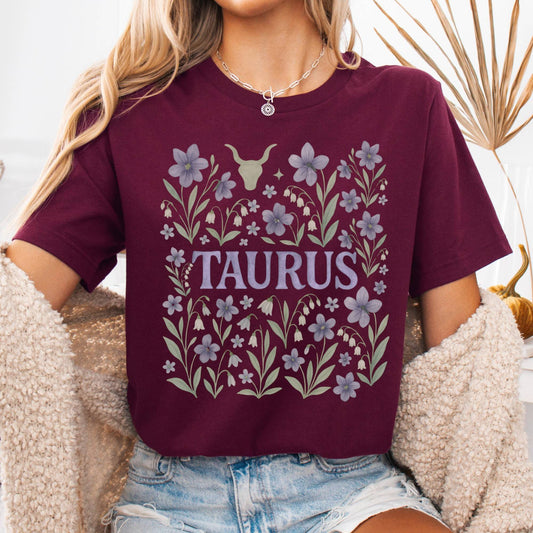 T-Shirt Maroon / S Taurus Bella T-Shirt – Retro Floral Zodiac Tee The Mystic Eden