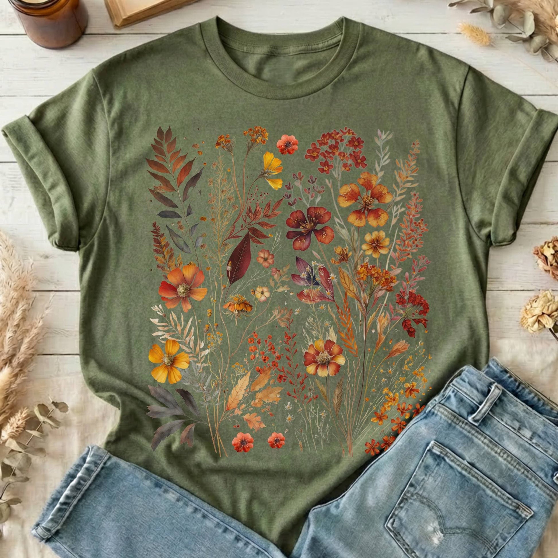 T-Shirt Military Green / S Autumn Cottagecore Wildflowers T-Shirt The Mystic Eden