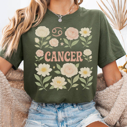 T-Shirt Military Green / S Cancer BellaT-Shirt – Retro Floral Zodiac Tee The Mystic Eden
