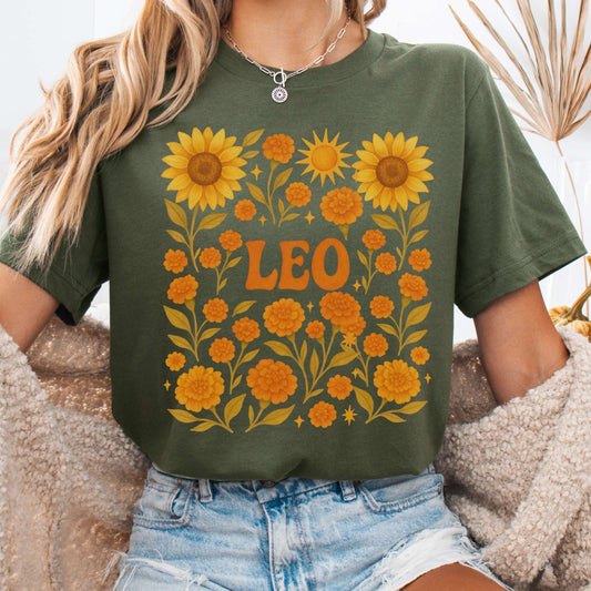T-Shirt Military Green / S Leo Bella T-Shirt – Retro Floral Zodiac Tee The Mystic Eden