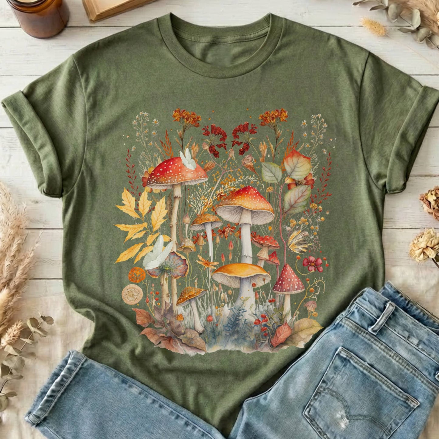 T-Shirt Military Green / S Mushroom Cottagecore T-Shirt The Mystic Eden