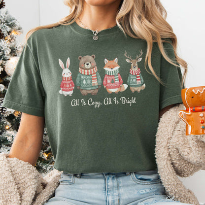 T-Shirt Moss / S All Is Cozy, All Is Bright — Woodland Christmas Christmas Tee The Mystic Eden