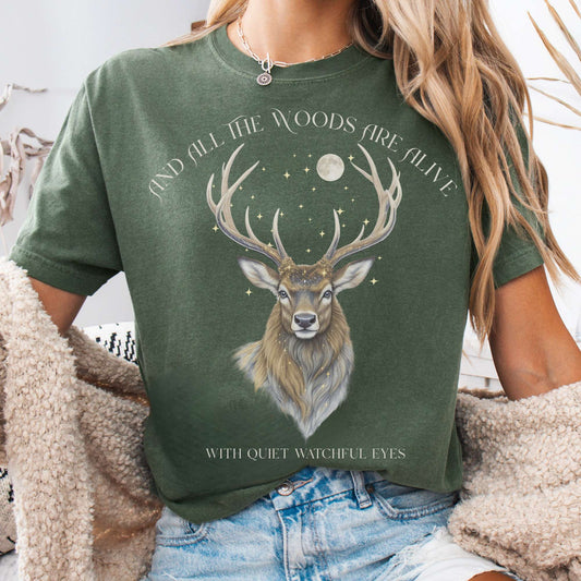T-Shirt Moss / S All the Woods Are Alive With Watchful Eyes Walter de la Mare Tee The Mystic Eden