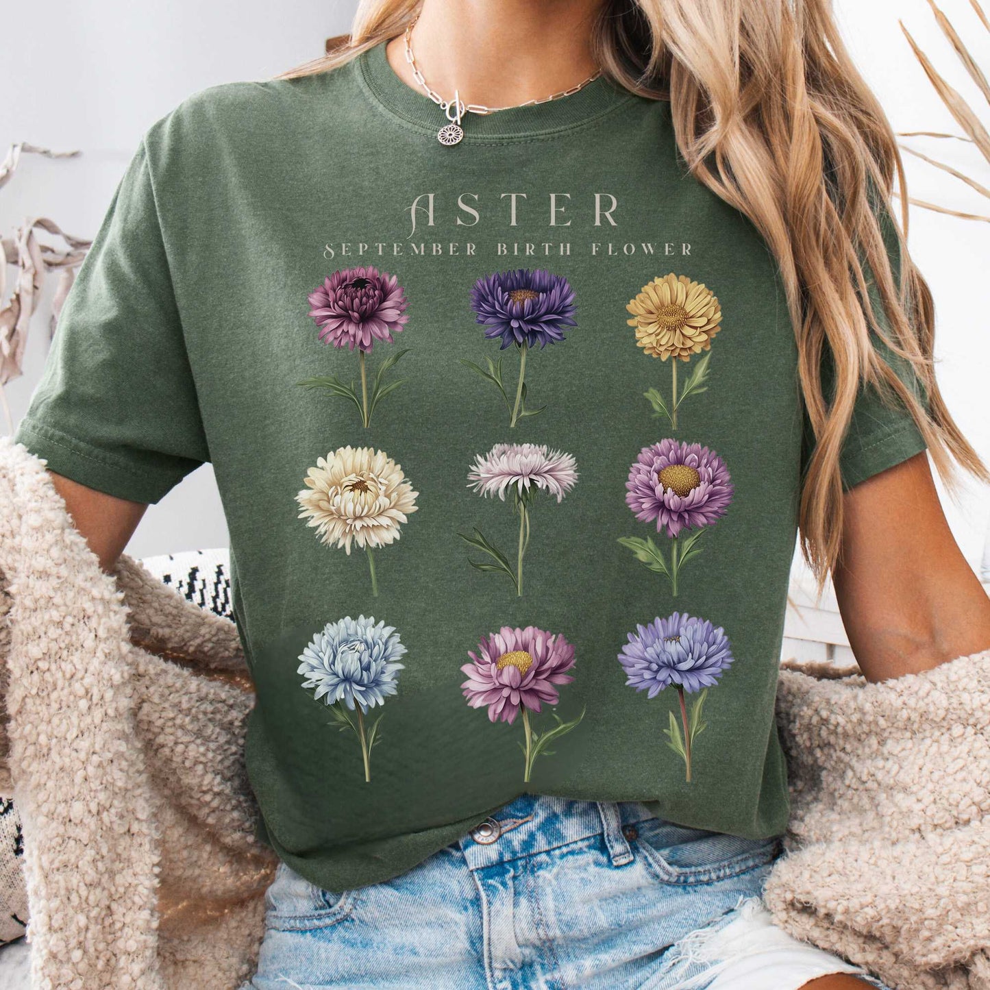 T-Shirt Moss / S Aster September Birth Month Flower Shirt The Mystic Eden