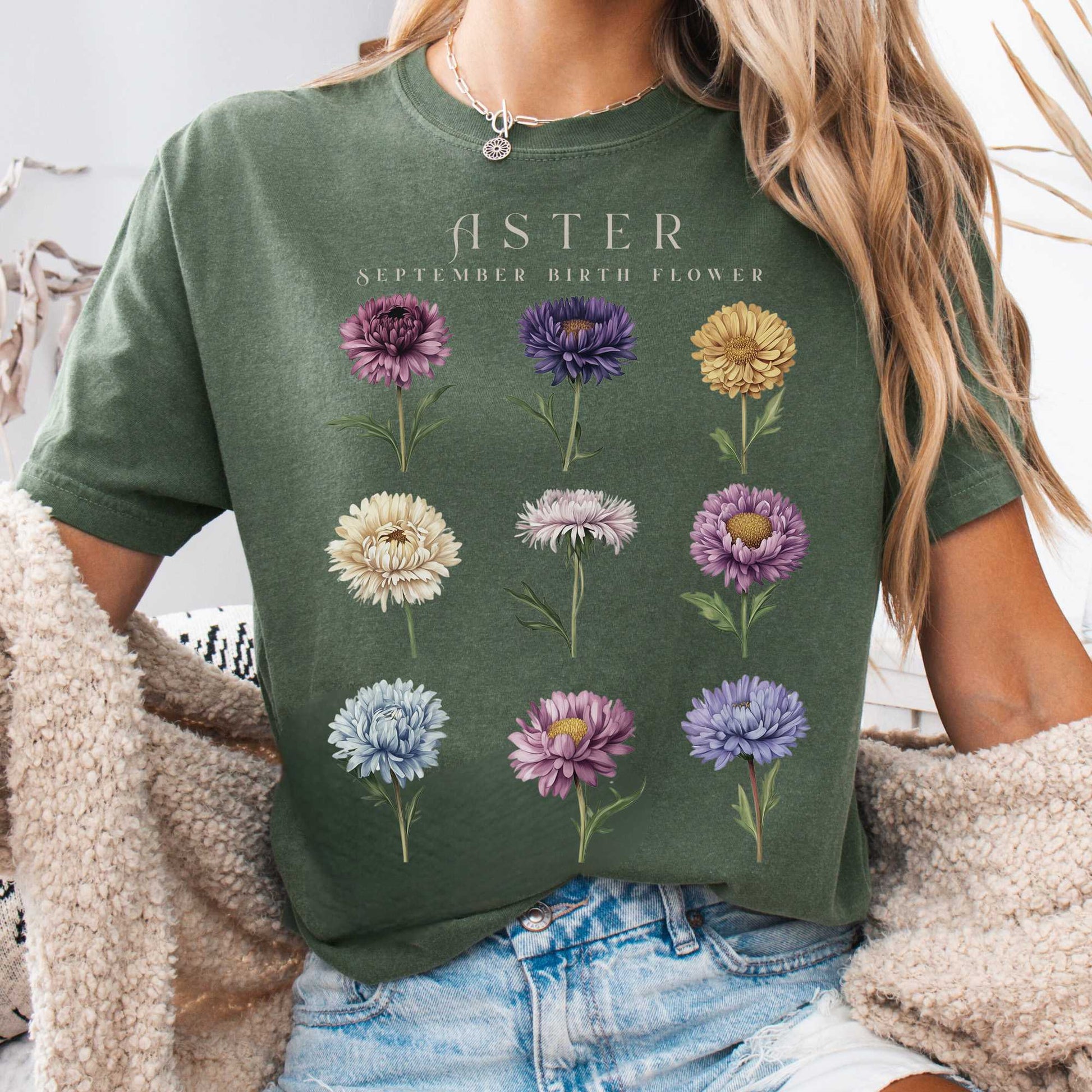 T-Shirt Moss / S Aster September Birth Month Flower Shirt The Mystic Eden