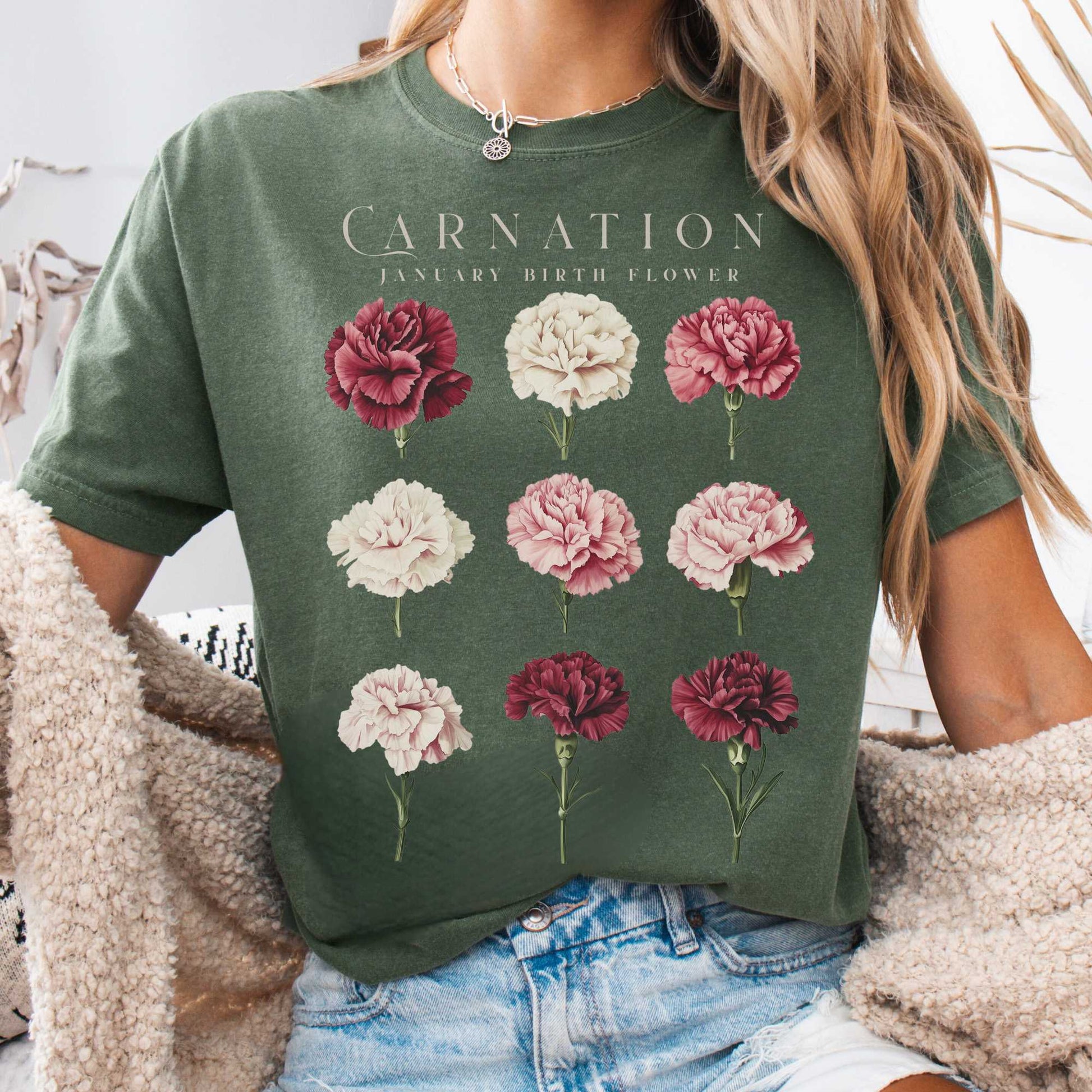 T-Shirt Moss / S Carnation January Birth Month Flower Shirt The Mystic Eden