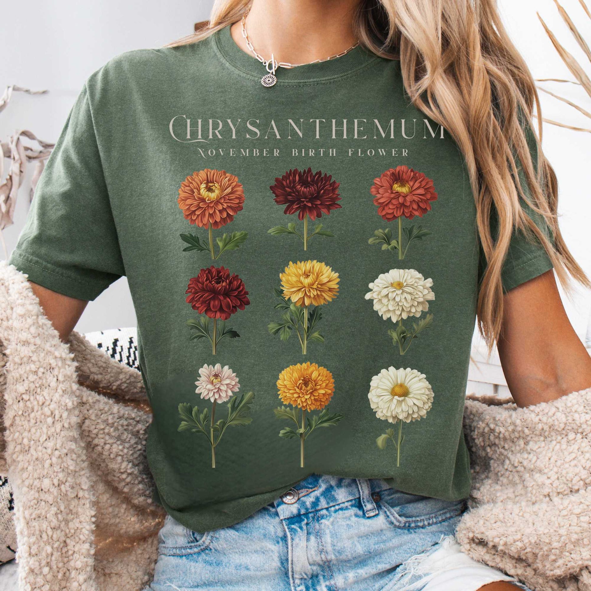 T-Shirt Moss / S Chrysanthemum November Birth Month Flower Shirt The Mystic Eden