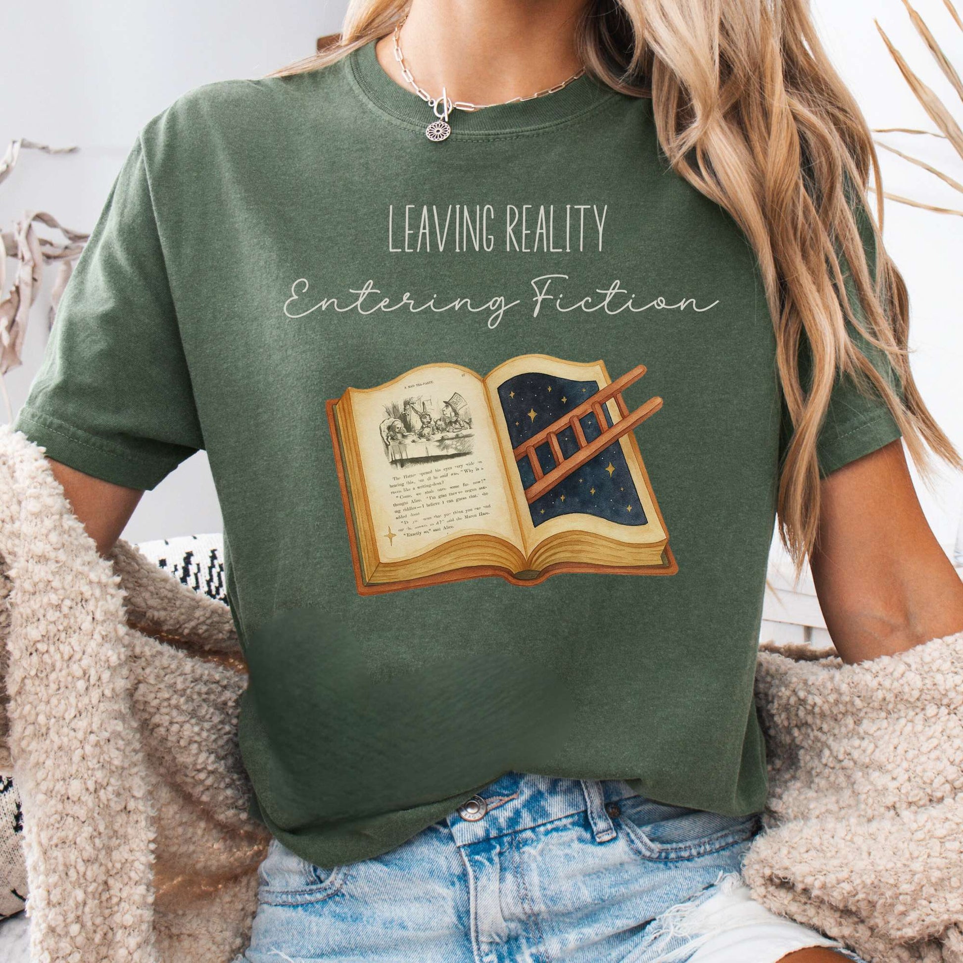 T-Shirt Moss / S Entering Fiction T-Shirt – Literary Escape Tee The Mystic Eden