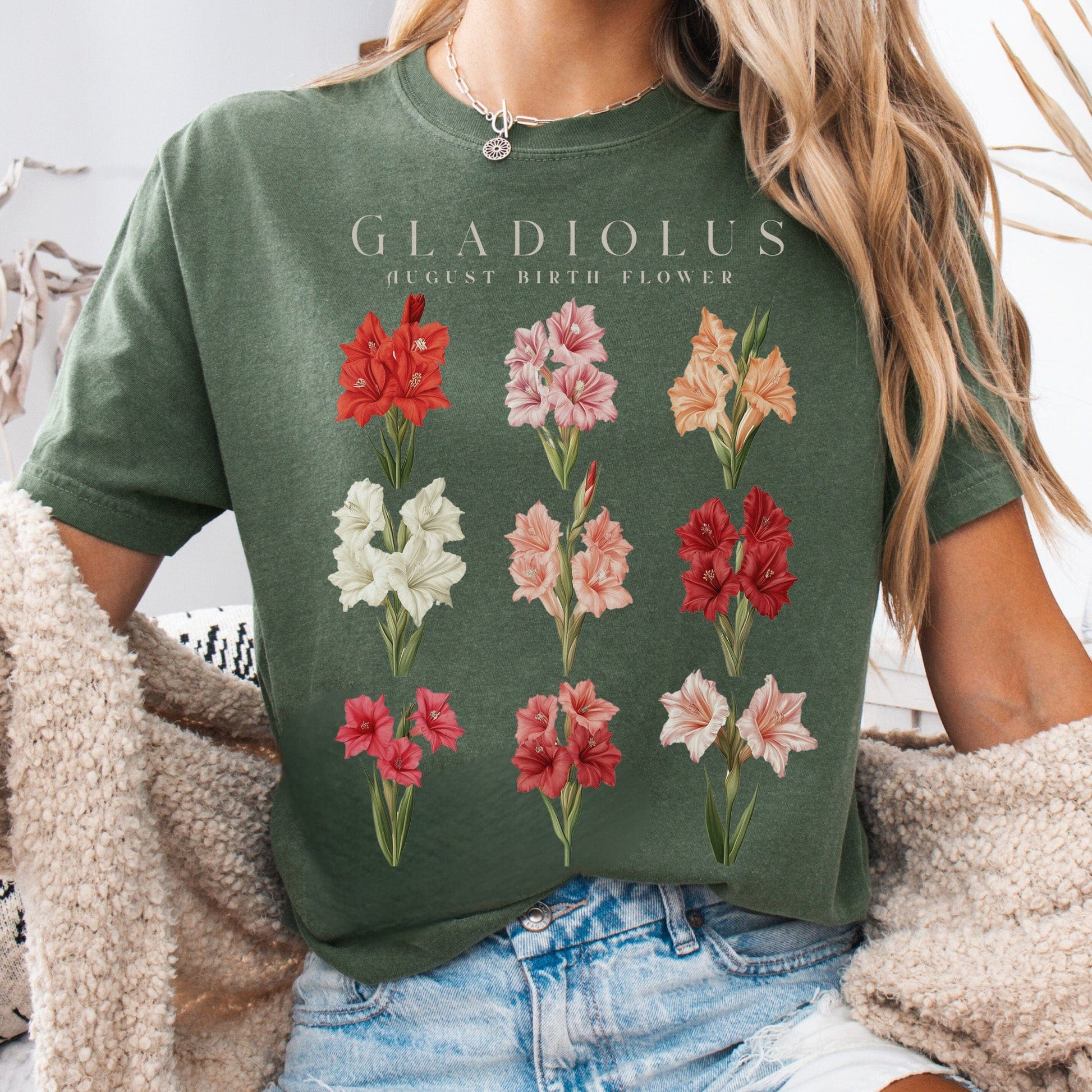 T-Shirt Moss / S Gladiolus August Birth Month Flower Shirt The Mystic Eden