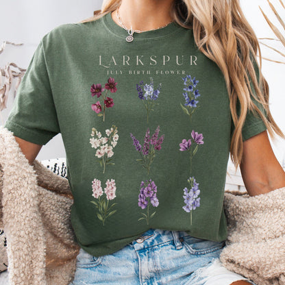 T-Shirt Moss / S Larkspur July Birth Month Flower Shirt The Mystic Eden