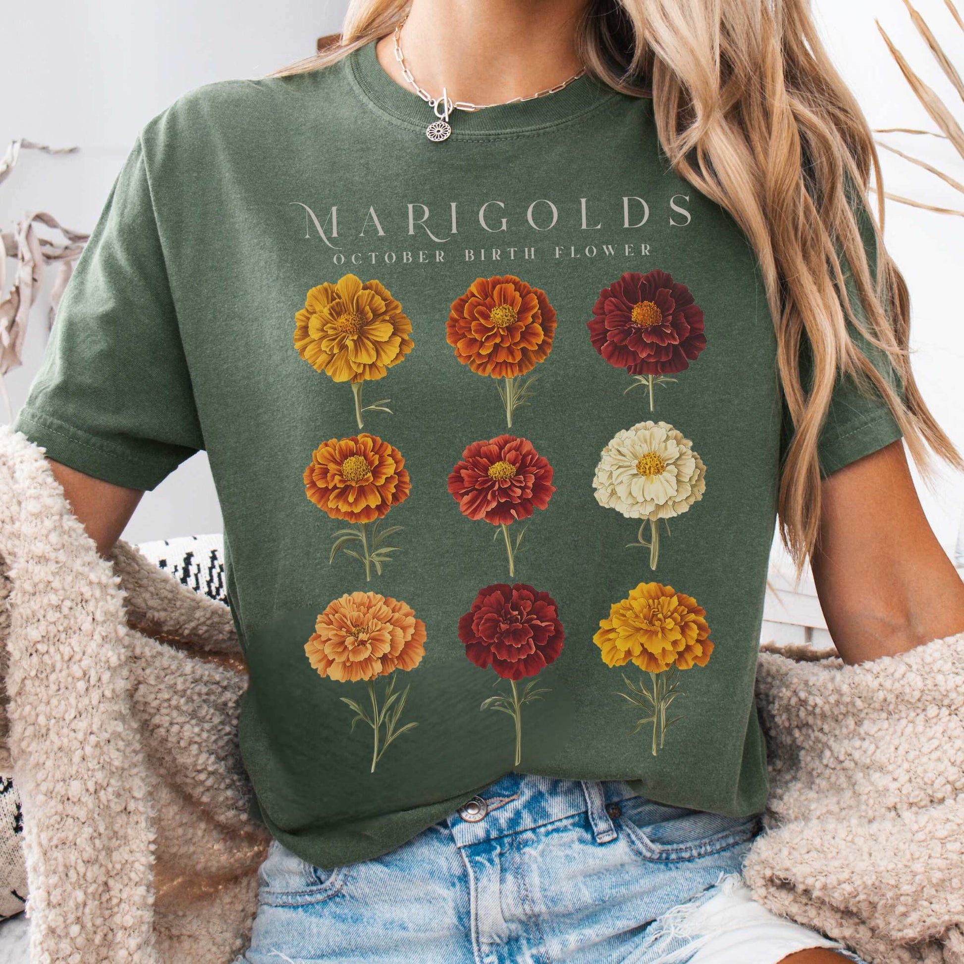 T-Shirt Moss / S Marigolds October Birth Month Flower Shirt The Mystic Eden