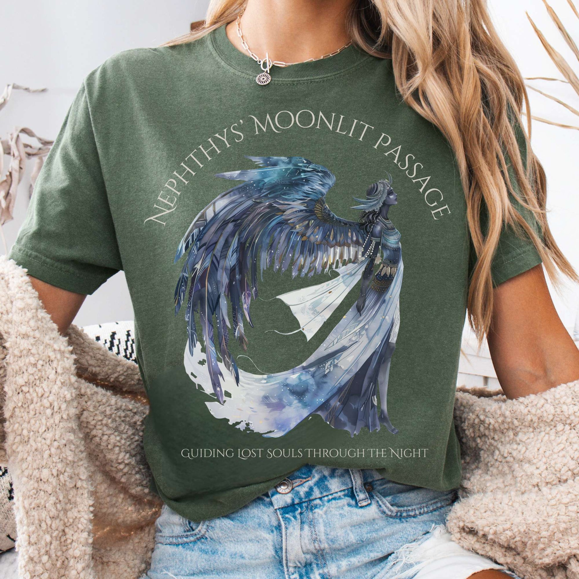T-Shirt Moss / S Nephthys' Moonlit Passage Egyptian Mythology Tee The Mystic Eden