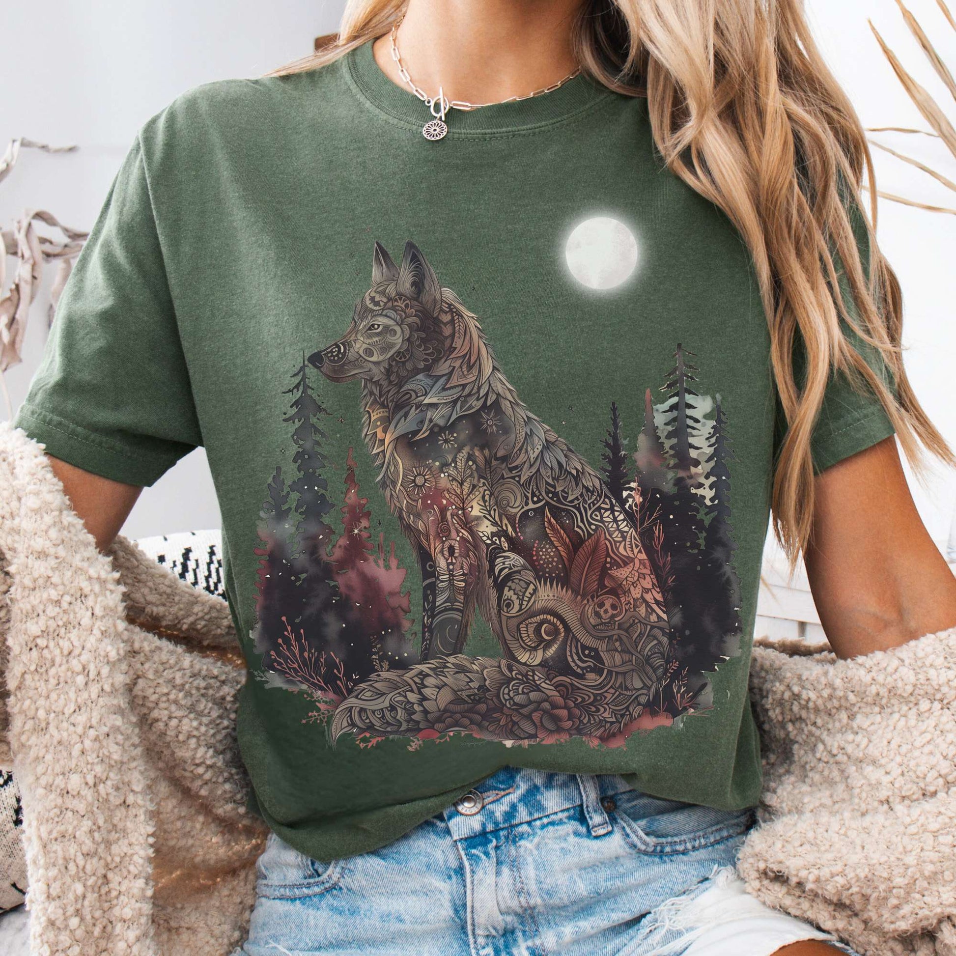 T-Shirt Moss / S Nightfall Wolf T-Shirt – Mystical Forestcore Tee The Mystic Eden