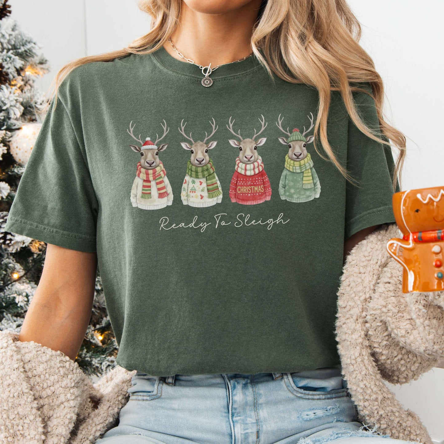 T-Shirt Moss / S Ready to Sleigh — Festive Reindeer Christmas Tee The Mystic Eden