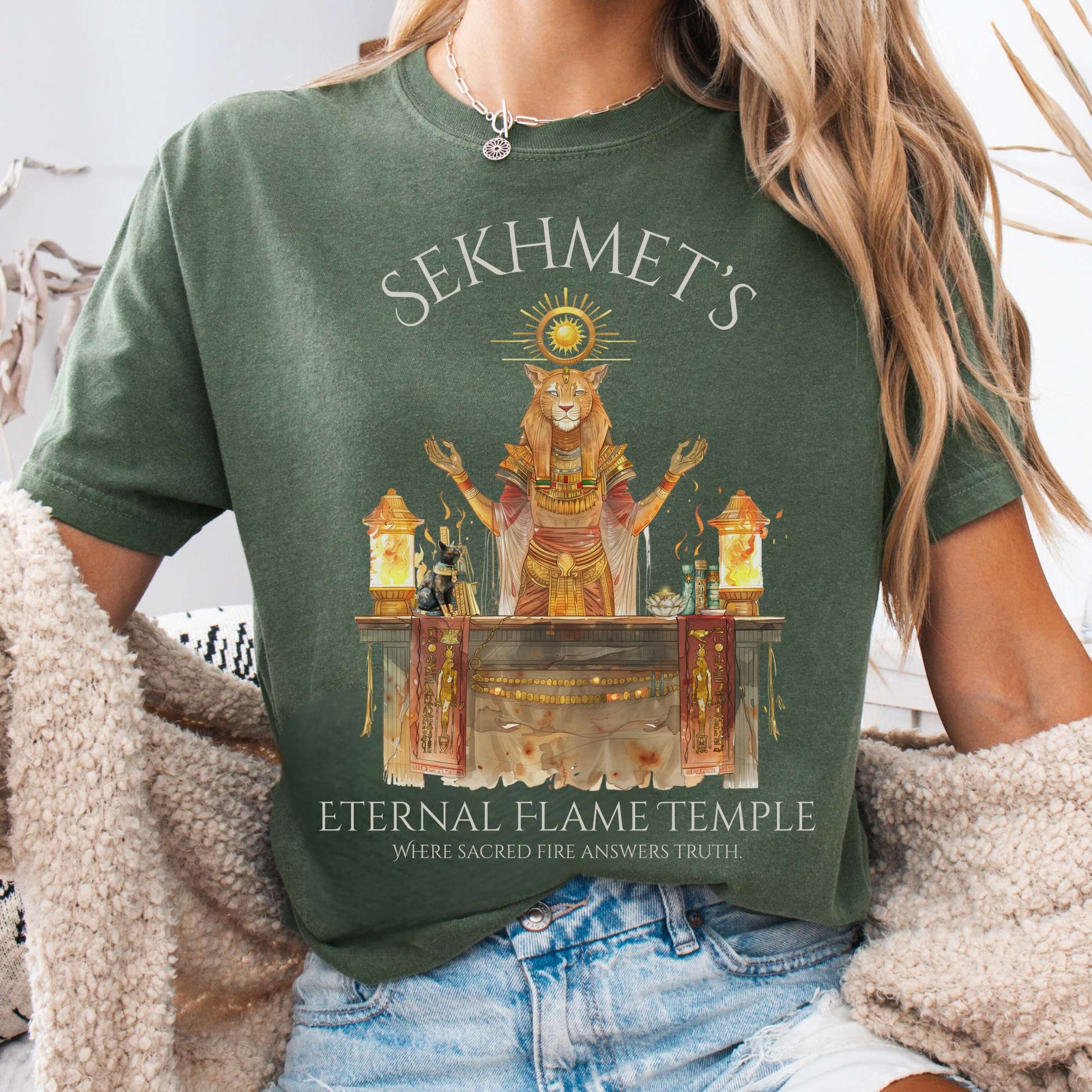 T-Shirt Moss / S Sekhmet's Eternal Flame Temple Egyptian Mythology Tee The Mystic Eden