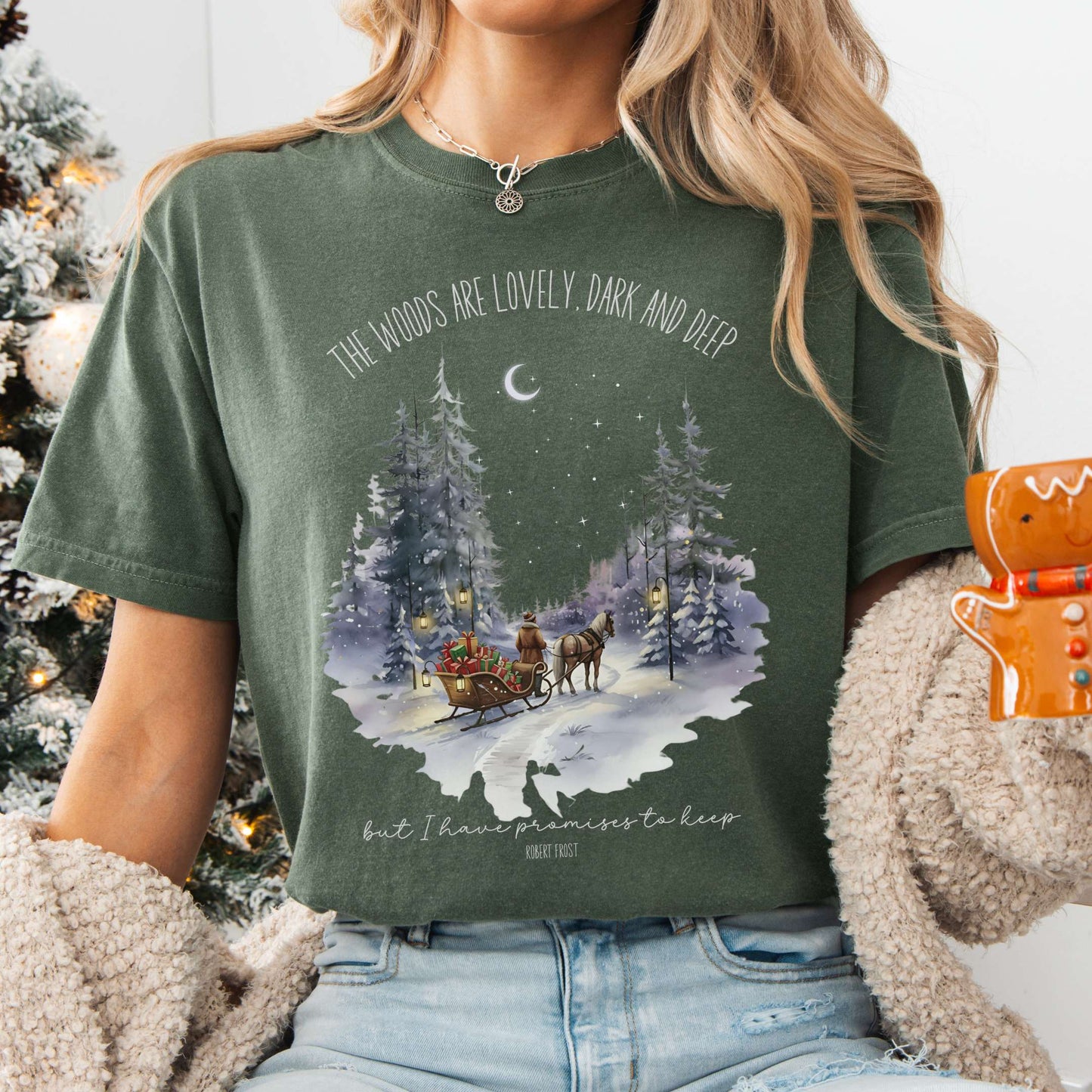 T-Shirt Moss / S The Woods Are Lovely Robert Frost Christmas Tee The Mystic Eden