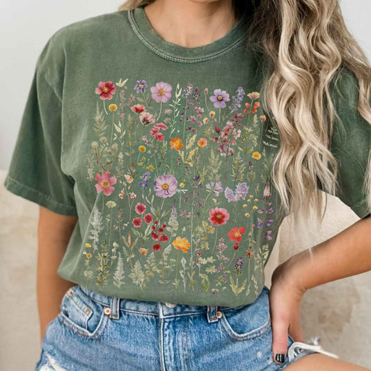 T-Shirt Moss / S Vintage Cottagecore Pressed Flowers T-shirt The Mystic Eden