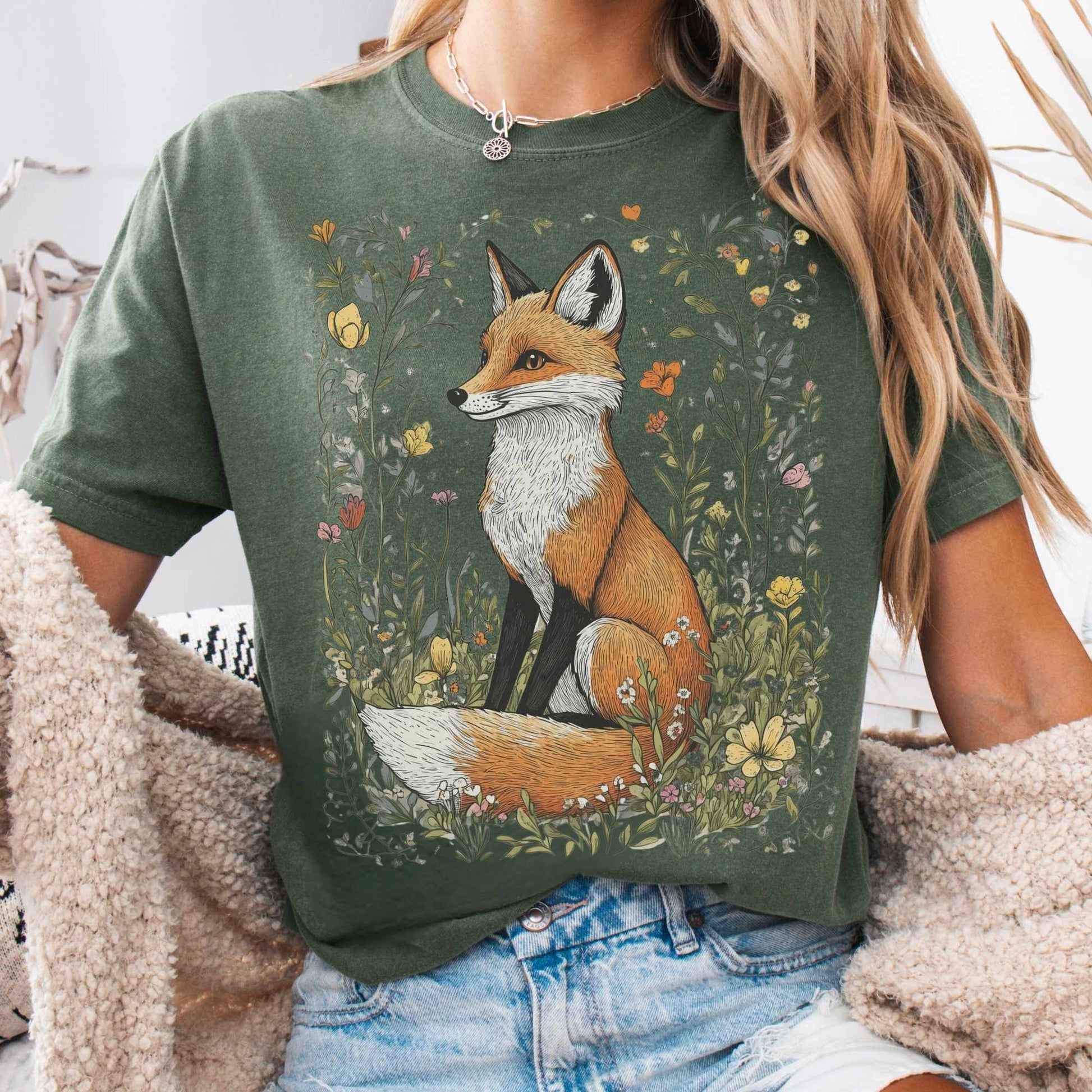 T-Shirt Moss / S Vintage Style Happy Fox Cottagecore Shirt The Mystic Eden