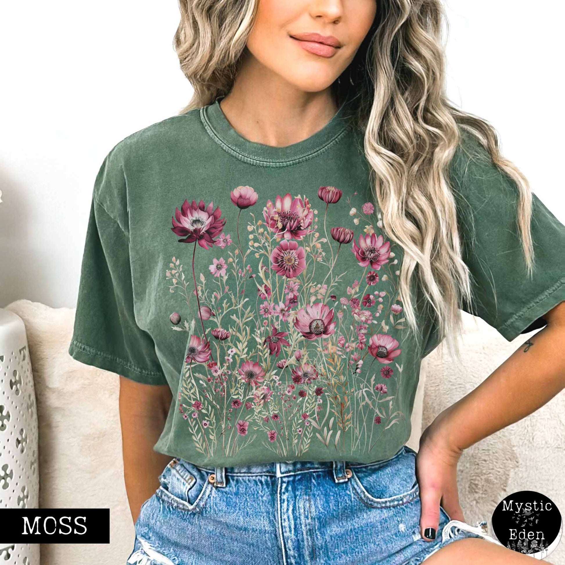 T-Shirt Moss / S Vintage wildflower maroon floral shirt The Mystic Eden