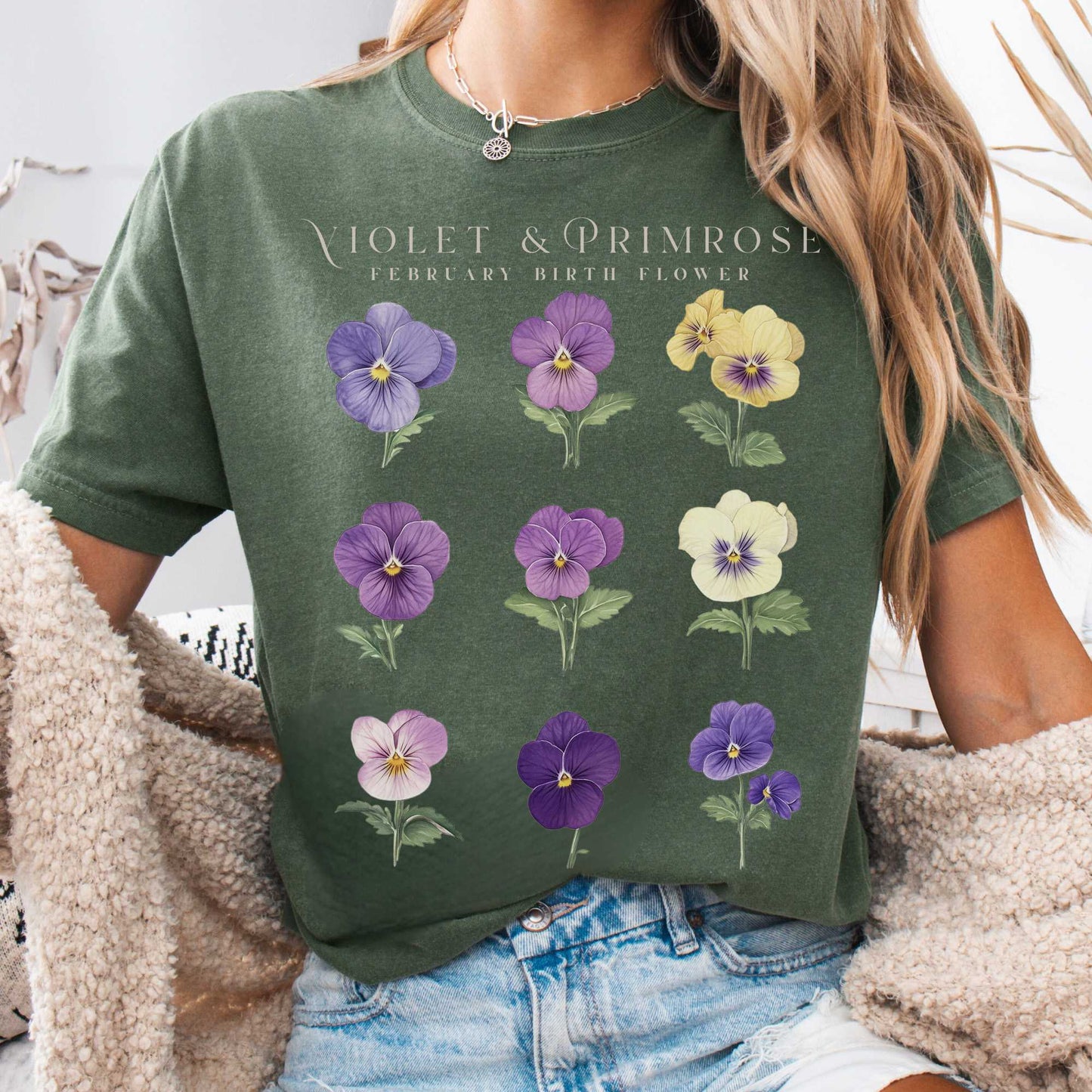 T-Shirt Moss / S Violet & Primrose February Birth Month Flower Shirt The Mystic Eden