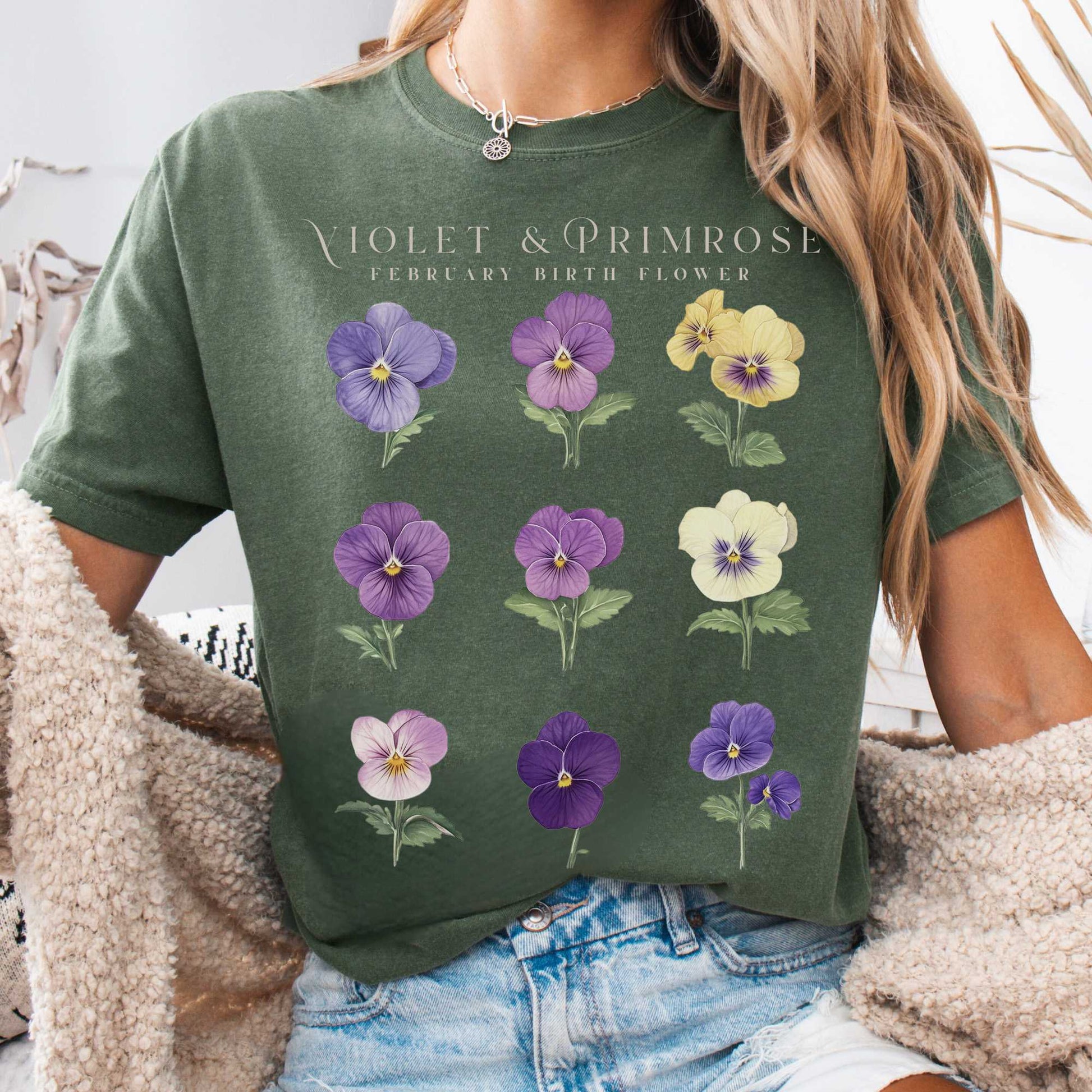 T-Shirt Moss / S Violet & Primrose February Birth Month Flower Shirt The Mystic Eden