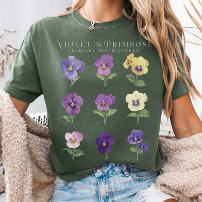 T-Shirt Moss / S Violet & Primrose February Birth Month Flower Shirt The Mystic Eden
