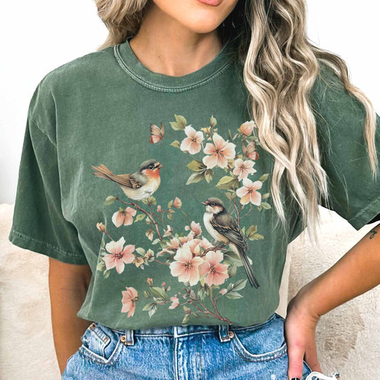 T-Shirt Moss / S Whimsical birds and floral shirt cottagecore tee The Mystic Eden