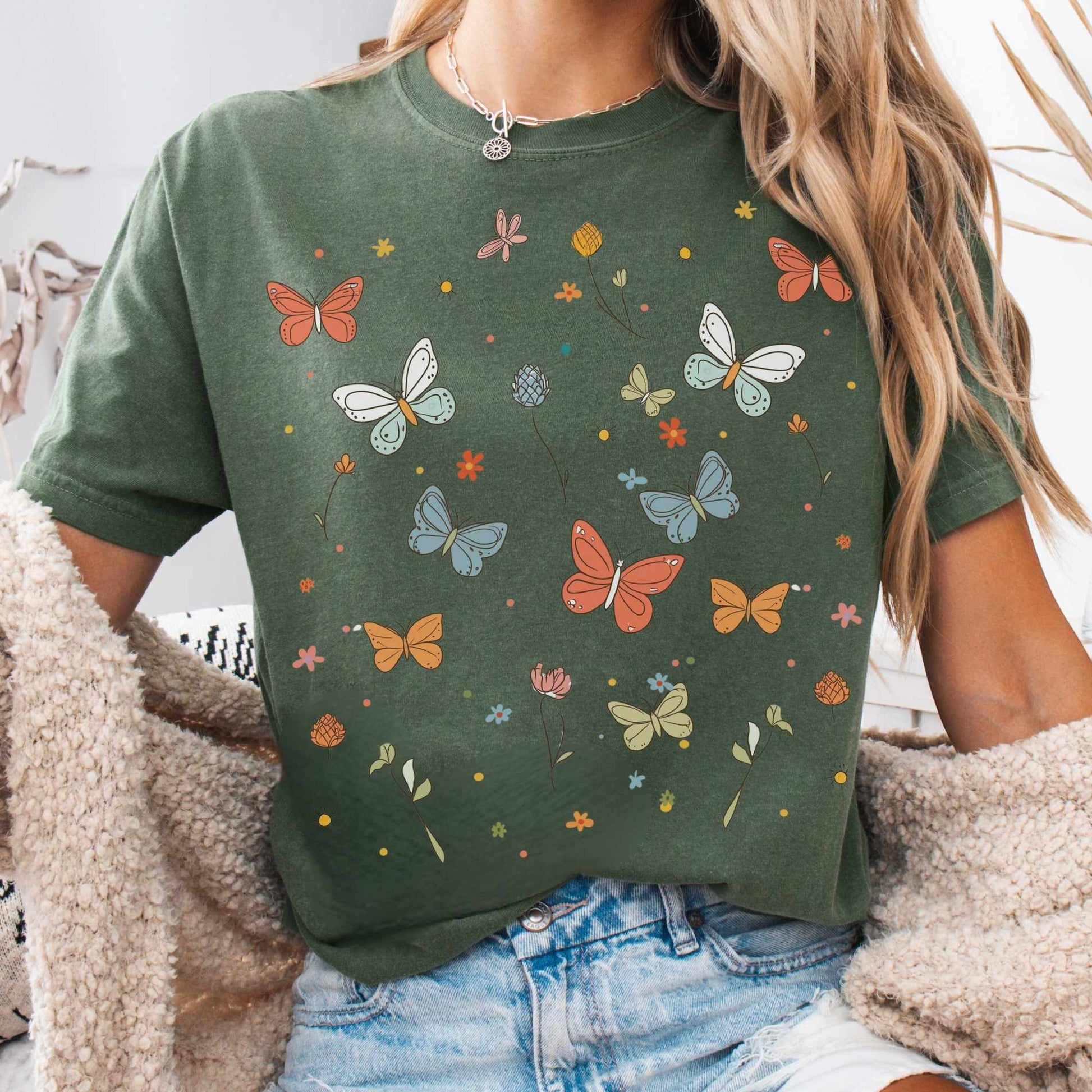 T-Shirt Moss / S Whimsical Bright Butterflies Cottagecore Shirt The Mystic Eden