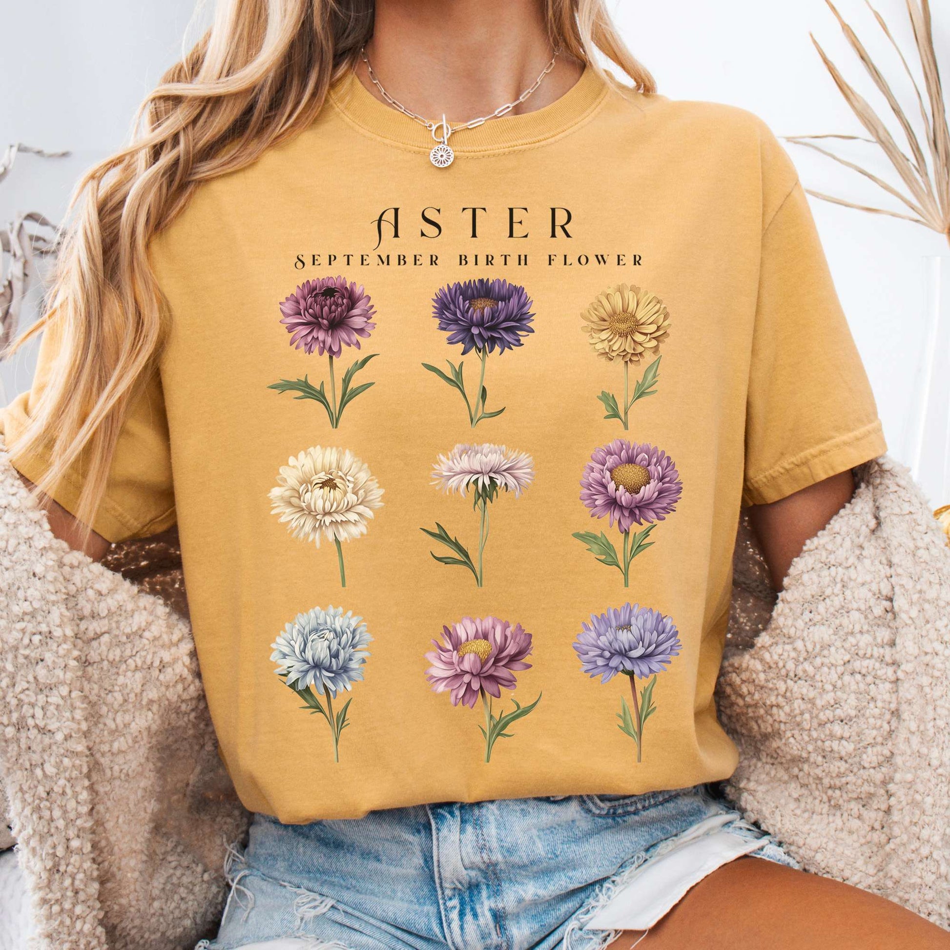 T-Shirt Mustard / S Aster September Birth Month Flower Shirt The Mystic Eden