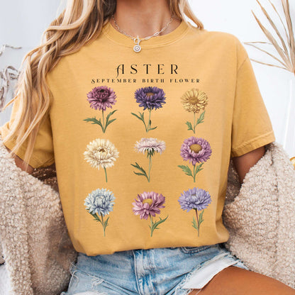 T-Shirt Mustard / S Aster September Birth Month Flower Shirt The Mystic Eden
