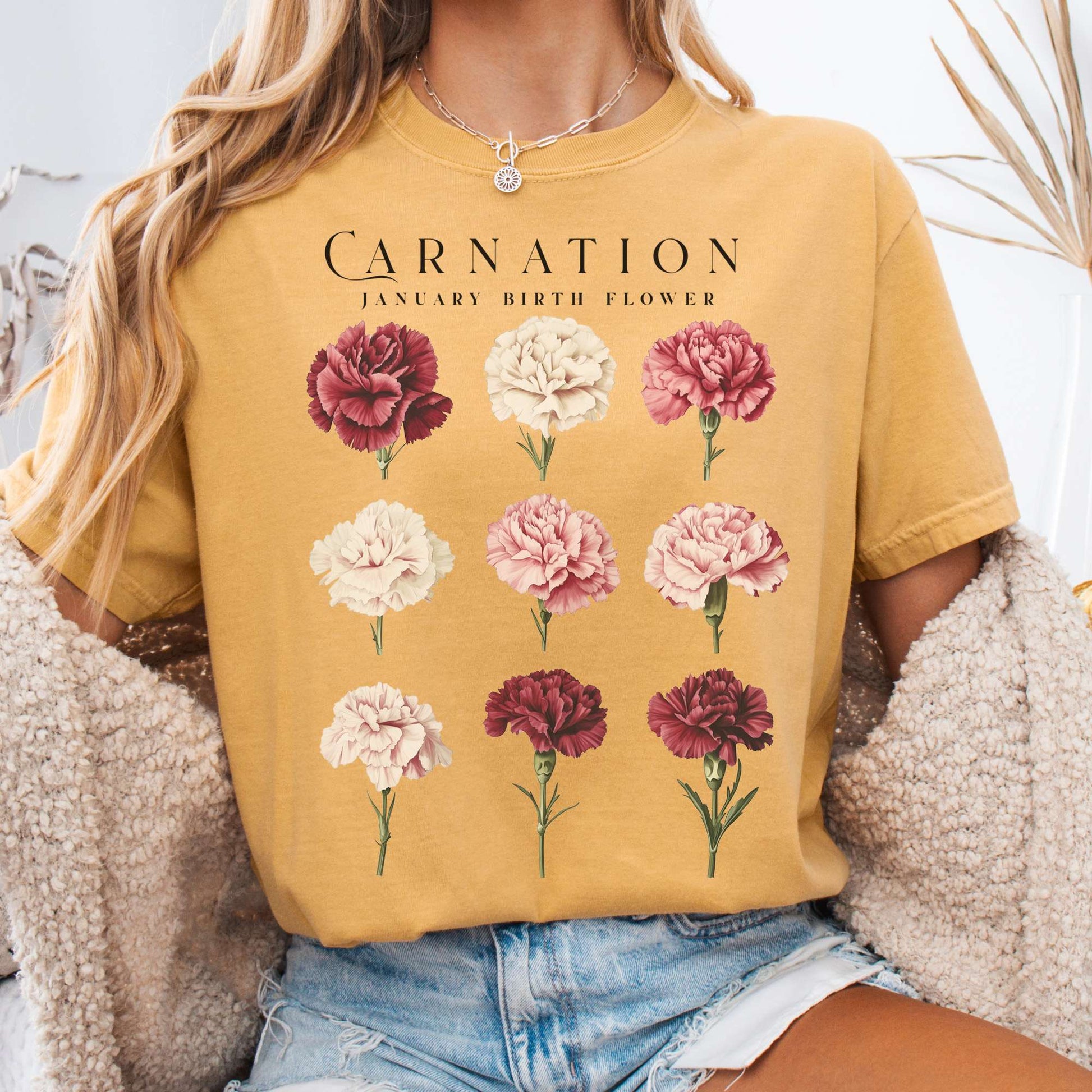 T-Shirt Mustard / S Carnation January Birth Month Flower Shirt The Mystic Eden
