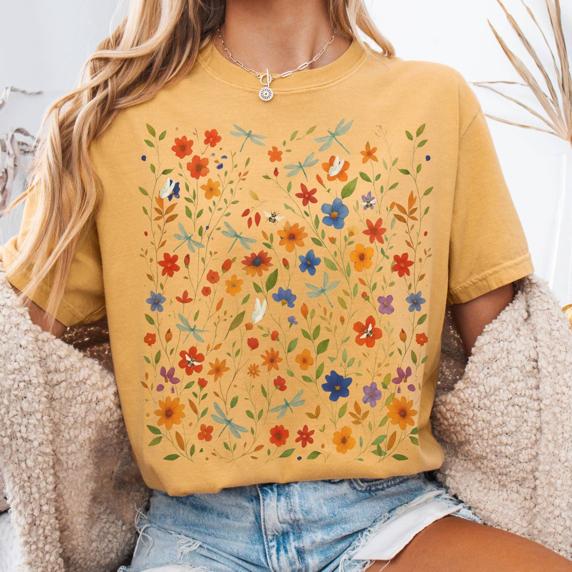 T-Shirt Mustard / S Dragonfly Meadow T-Shirt – Whimsical Floral Tee The Mystic Eden