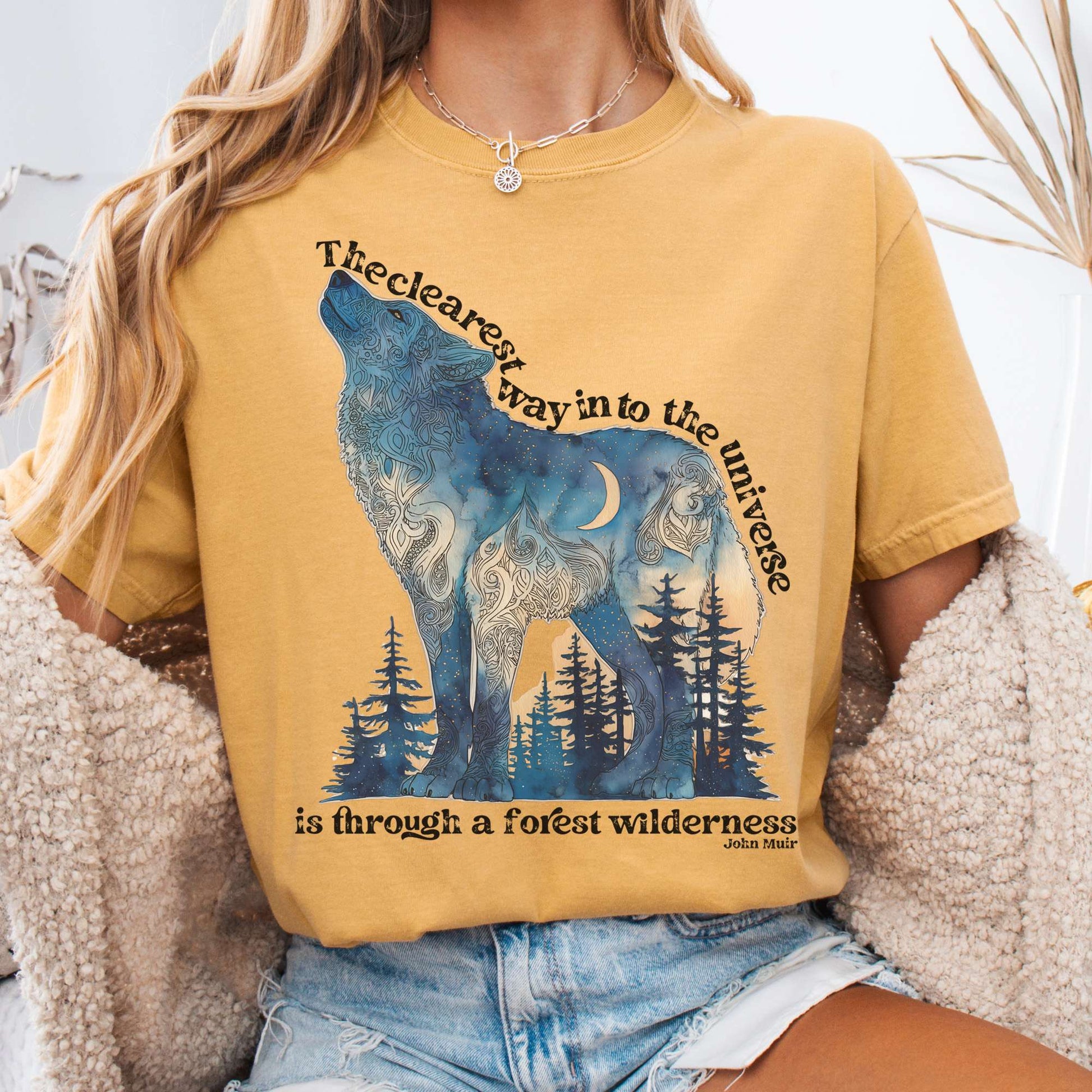 T-Shirt Mustard / S Forest Wilderness Wolf T-Shirt – Nature Quote Tee The Mystic Eden