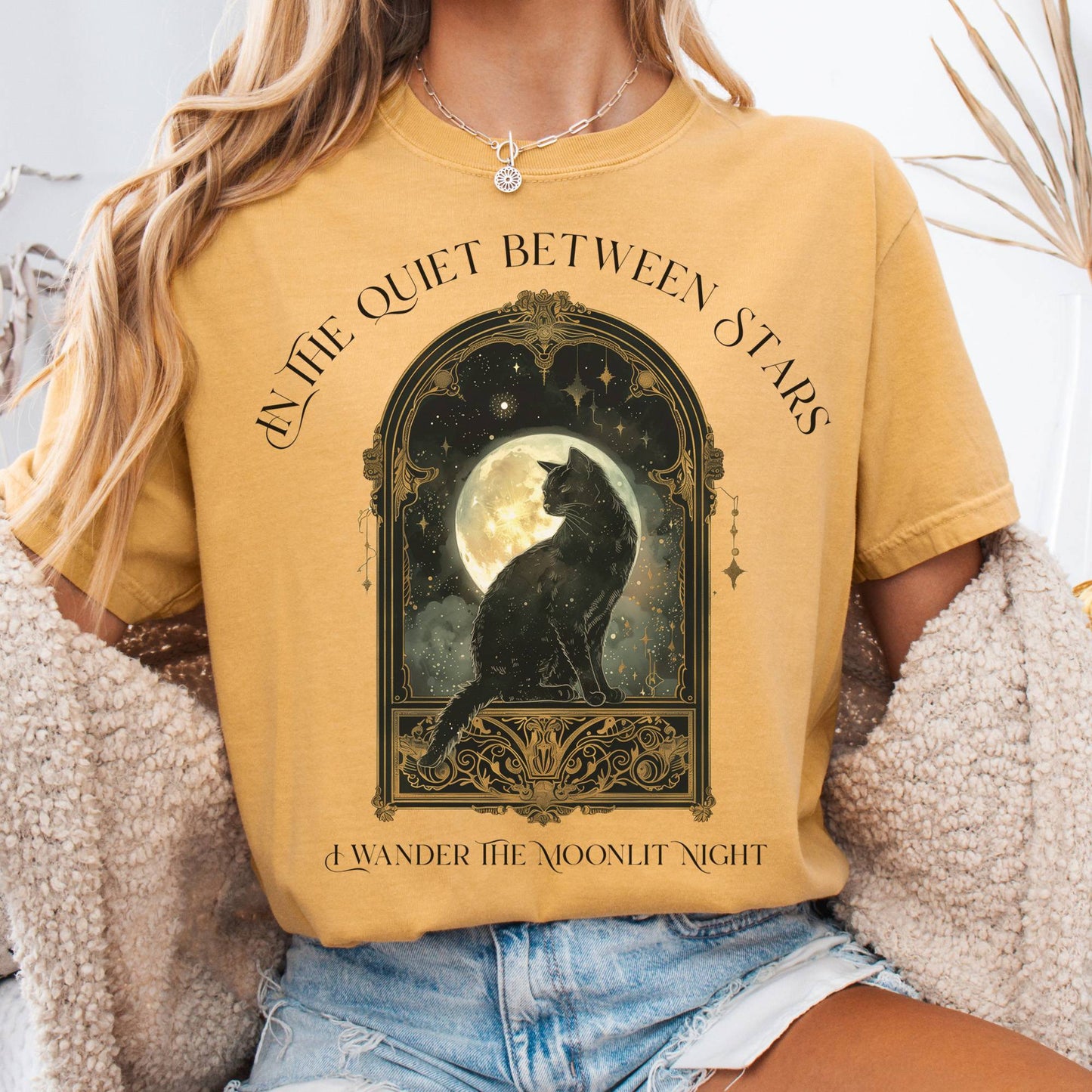 T-Shirt Mustard / S In the Quiet Between Stars Moonlit Cat Tee The Mystic Eden