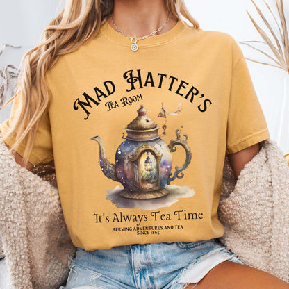 T-Shirt Mustard / S It's Alway's Tea Time - Mad Hatters Tea Room Shirt The Mystic Eden