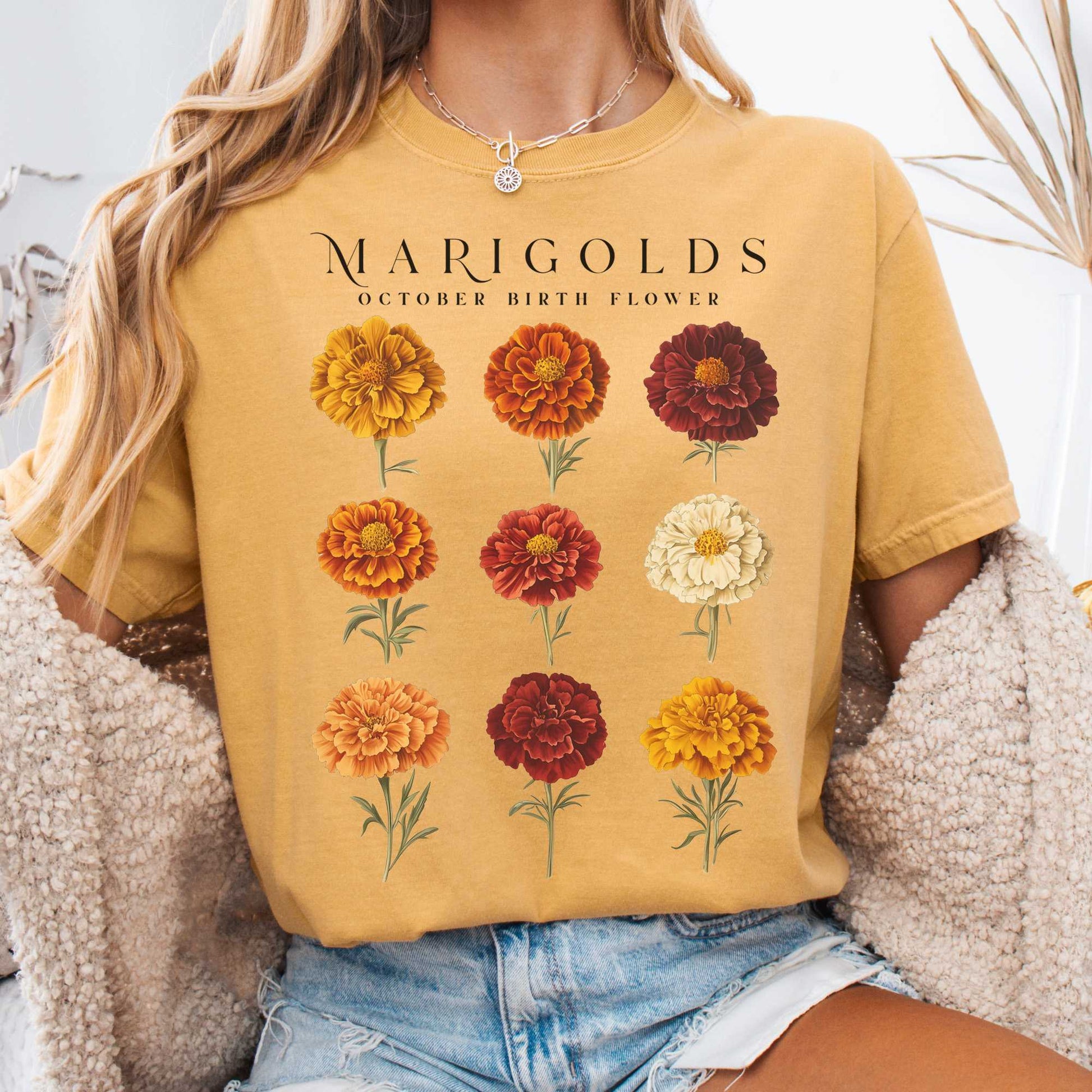 T-Shirt Mustard / S Marigolds October Birth Month Flower Shirt The Mystic Eden