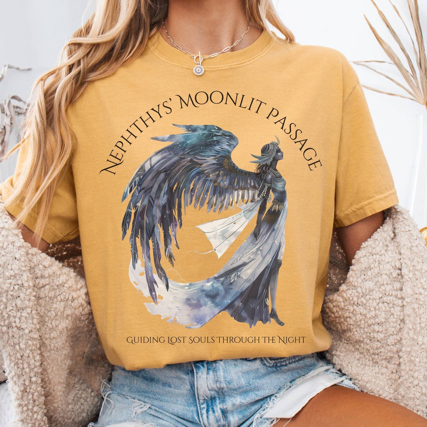 T-Shirt Mustard / S Nephthys' Moonlit Passage Egyptian Mythology Tee The Mystic Eden