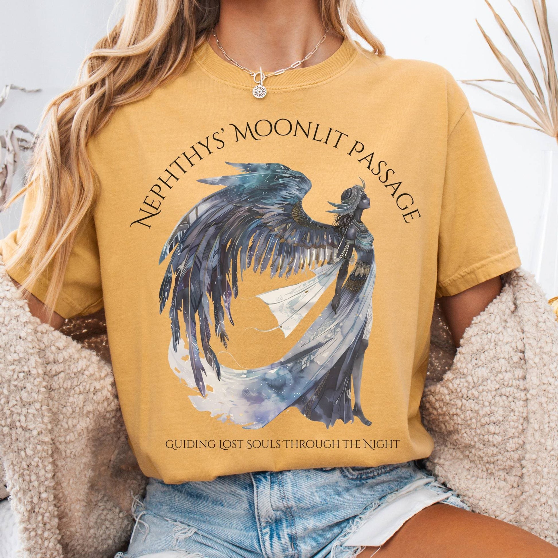 T-Shirt Mustard / S Nephthys' Moonlit Passage Egyptian Mythology Tee The Mystic Eden