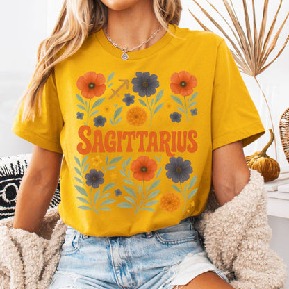 T-Shirt Mustard / S Sagittarius Bella T-Shirt – Retro Floral Zodiac Tee The Mystic Eden