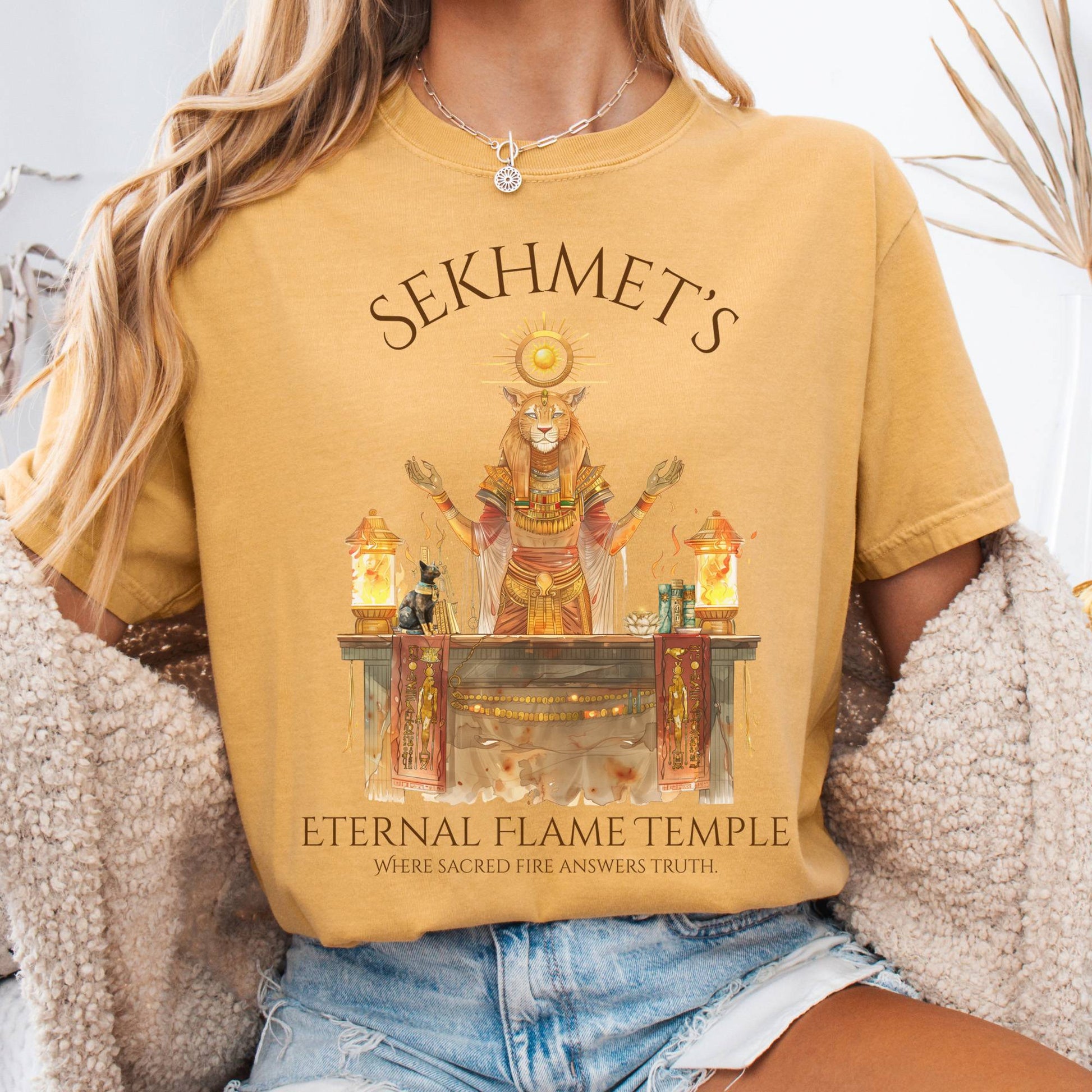 T-Shirt Mustard / S Sekhmet's Eternal Flame Temple Egyptian Mythology Tee The Mystic Eden