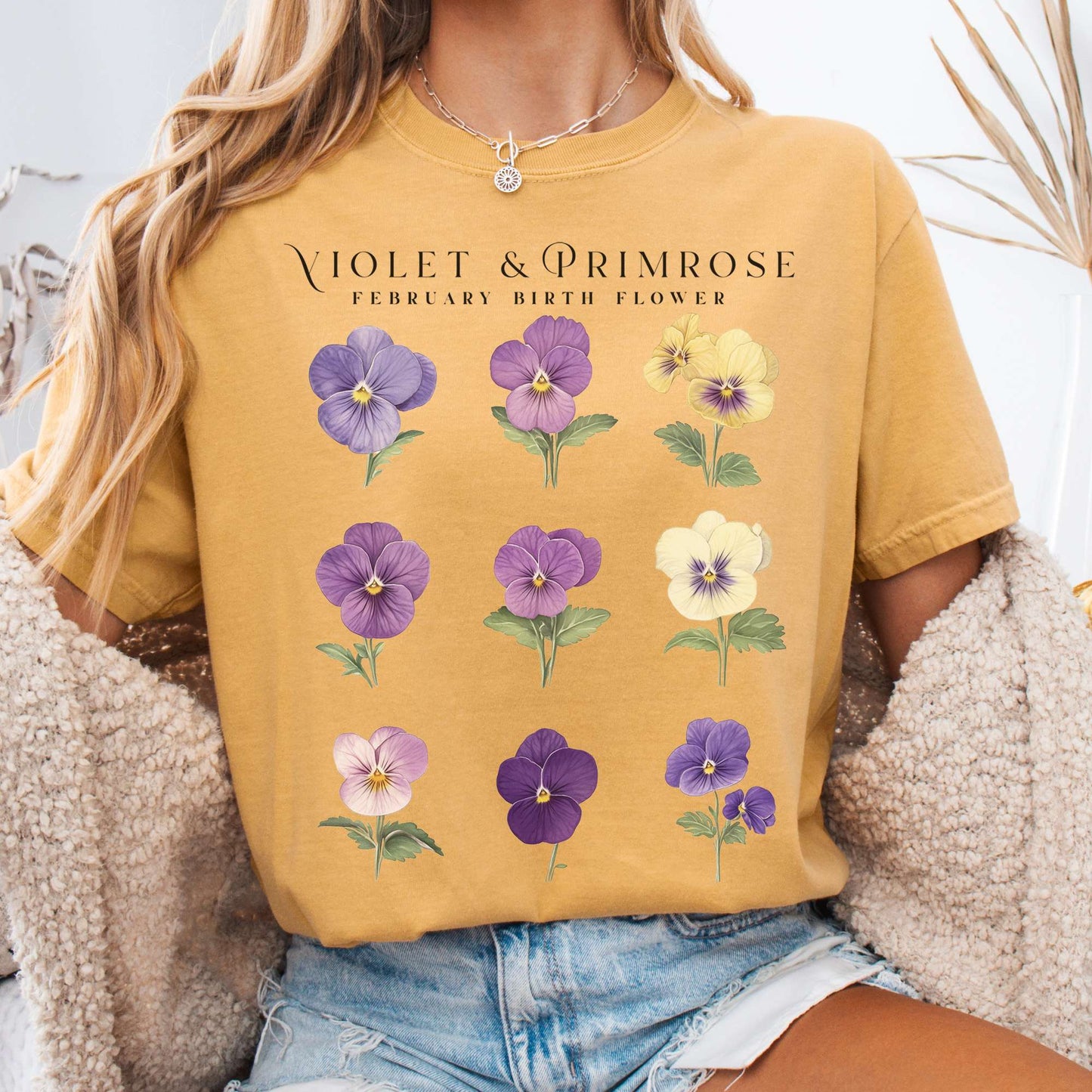 T-Shirt Mustard / S Violet & Primrose February Birth Month Flower Shirt The Mystic Eden