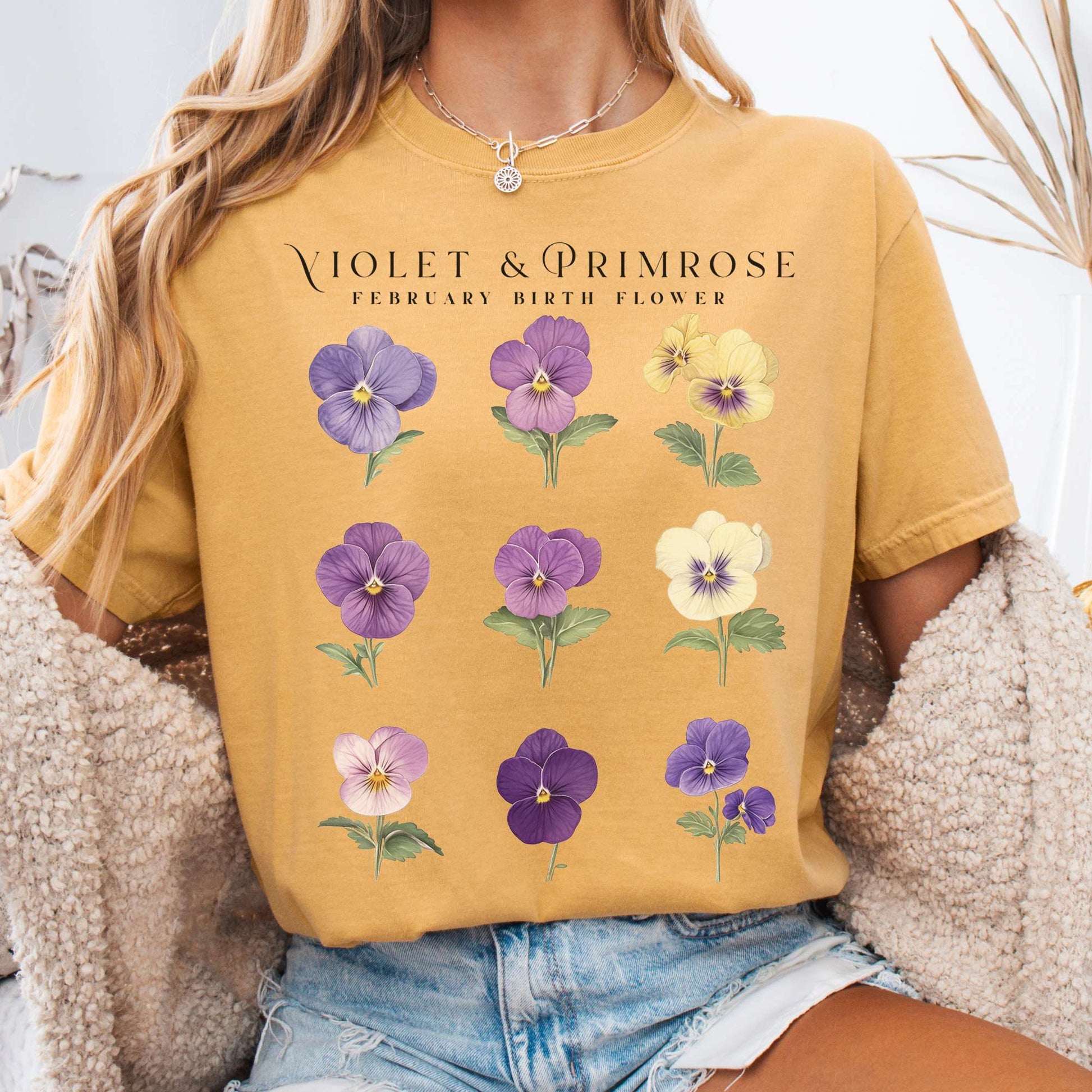 T-Shirt Mustard / S Violet & Primrose February Birth Month Flower Shirt The Mystic Eden