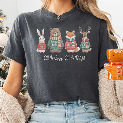 T-Shirt Pepper / S All Is Cozy, All Is Bright — Woodland Christmas Christmas Tee The Mystic Eden
