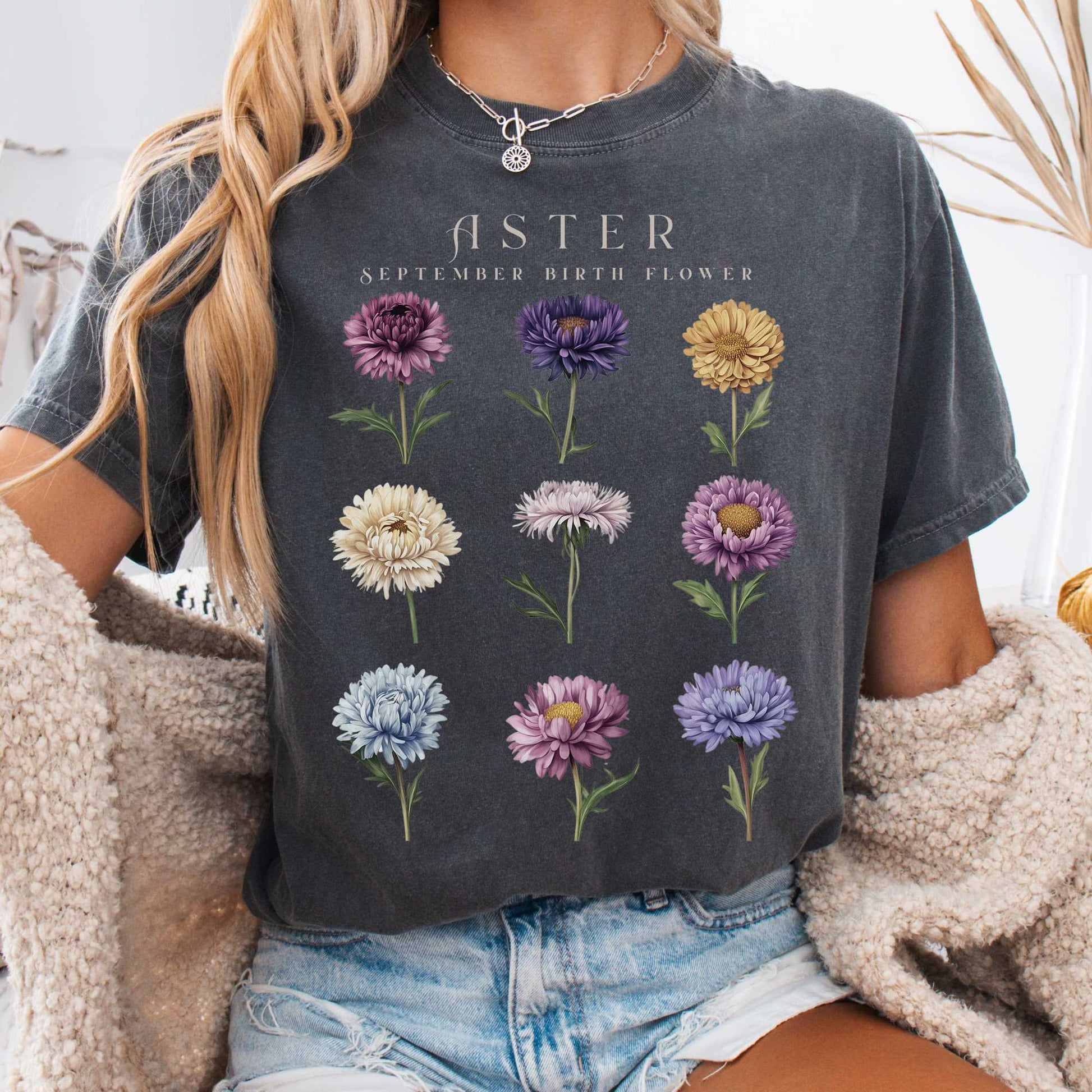 T-Shirt Pepper / S Aster September Birth Month Flower Shirt The Mystic Eden