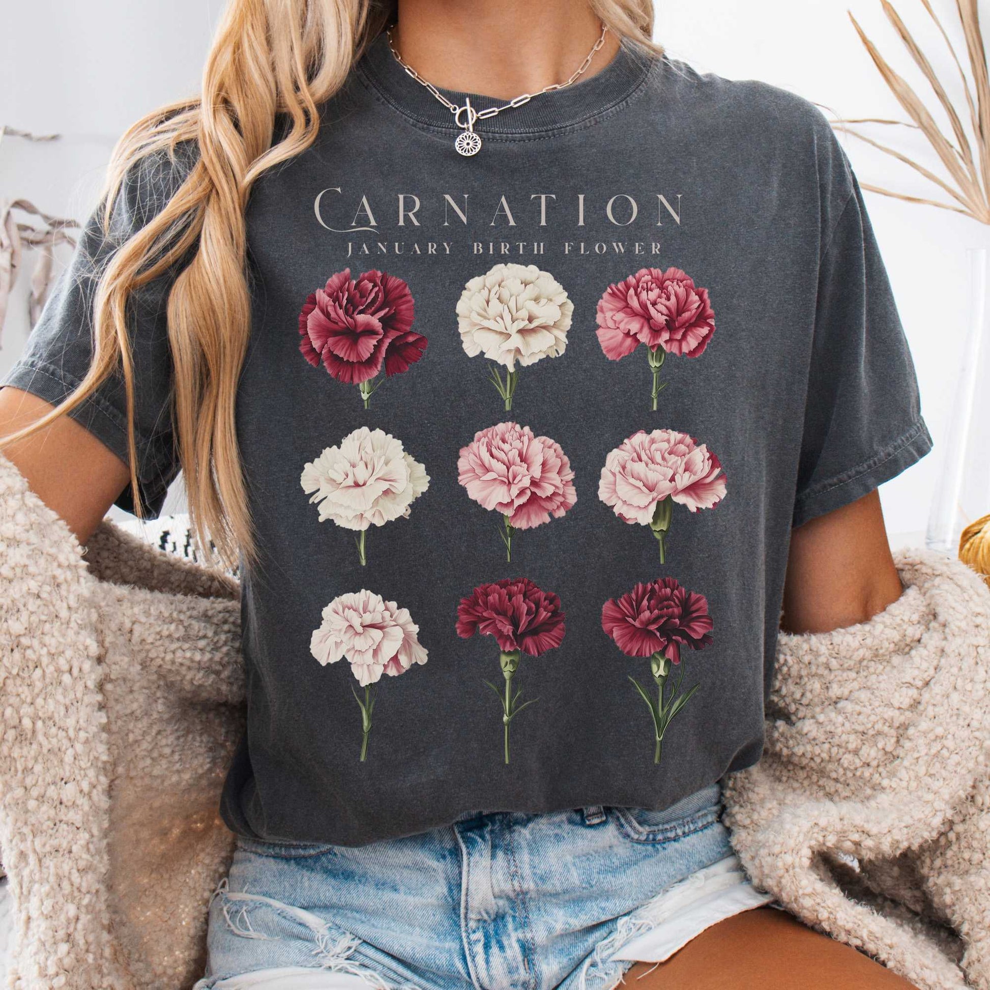 T-Shirt Pepper / S Carnation January Birth Month Flower Shirt The Mystic Eden