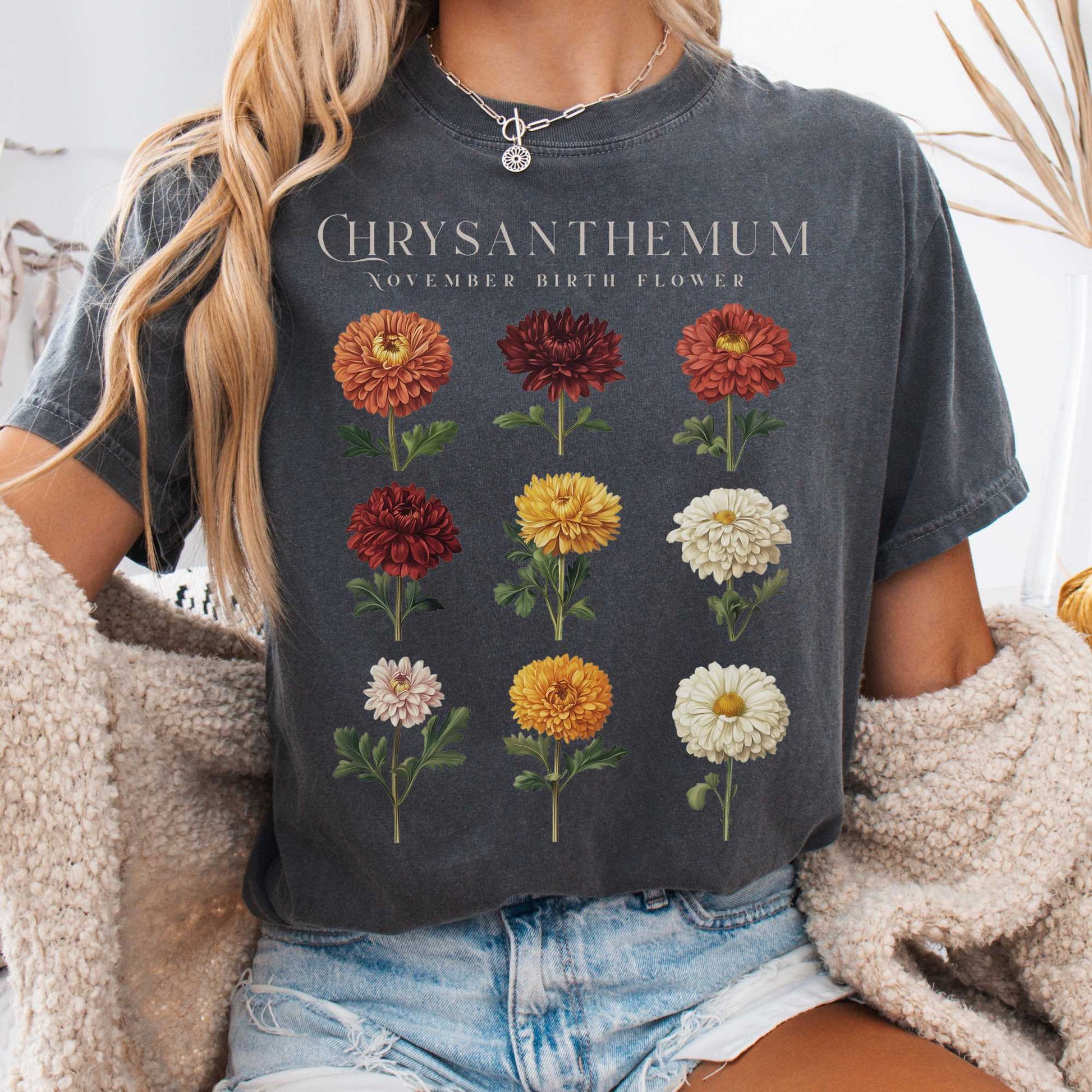 T-Shirt Pepper / S Chrysanthemum November Birth Month Flower Shirt The Mystic Eden