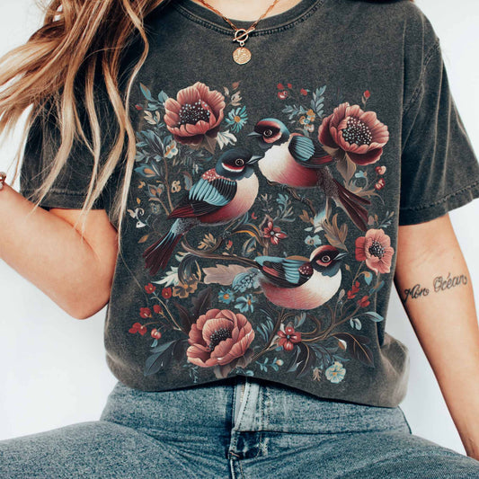T-Shirt Pepper / S Cottagecore Birds and Flowers Shirt The Mystic Eden