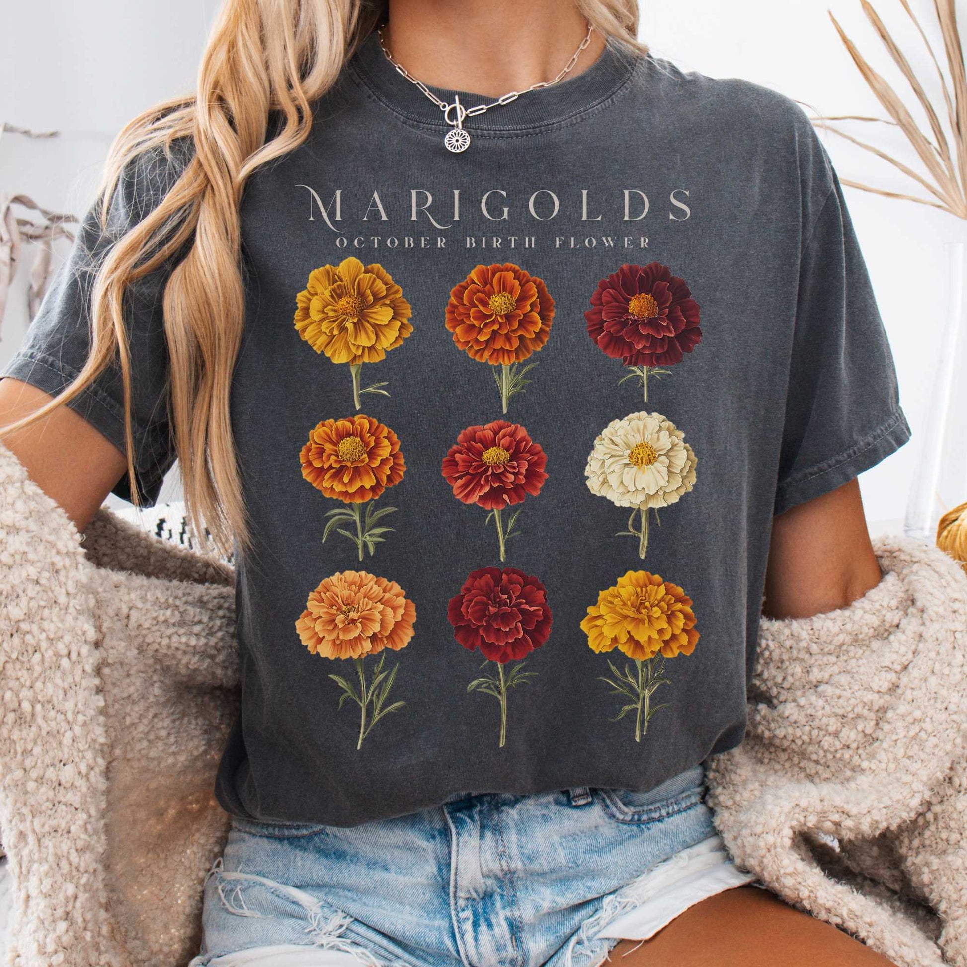 T-Shirt Pepper / S Marigolds October Birth Month Flower Shirt The Mystic Eden