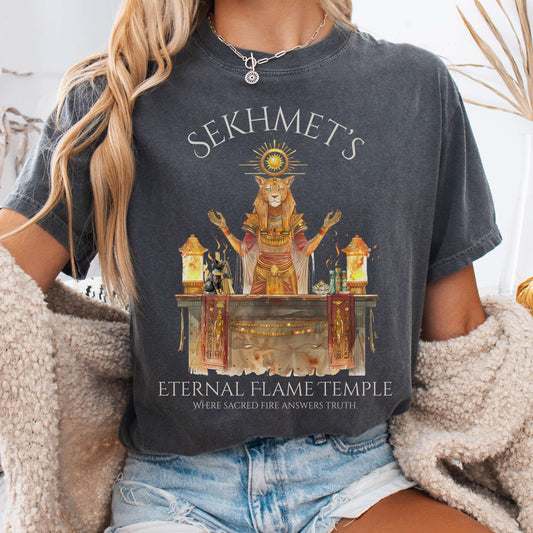 T-Shirt Pepper / S Sekhmet's Eternal Flame Temple Egyptian Mythology Tee The Mystic Eden